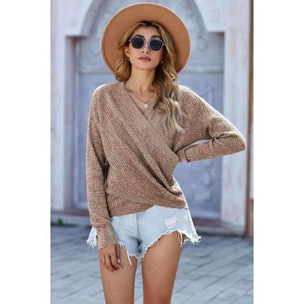 Khaki Deep V-neck Long Sleeve Knit Sweater