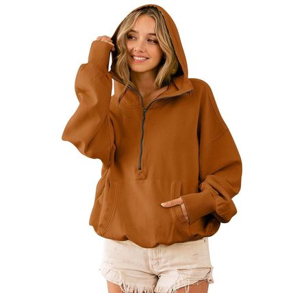 Brown Ribbed Trim Kangaroo Pocket Zipped Hoodie