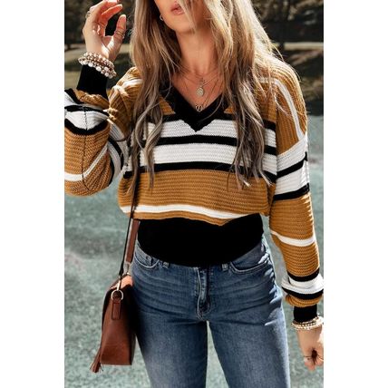 Brown Stripe Contrast Stripes V Neck Textured Knit Sweater