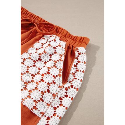 Gold Flame Plus Size Floral Crochet Patch Drawstring Wide Leg Pants