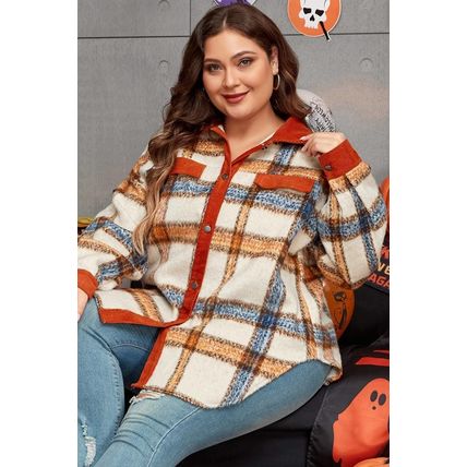 Brown Stripe Plus Size Plaid Print Collared Buttoned Jacket