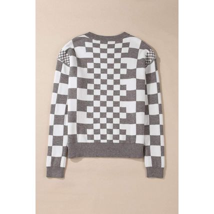 Gray Checkered Print Drop Shoulder Round Neck Sweater