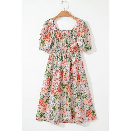 Apricot Pink Floral Smocked Bust Bubble Short Sleeve Maxi Dress