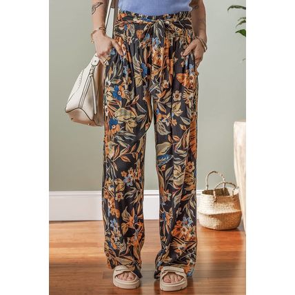 Multicolour Floral Shirred High Waist Wide Leg Pants with Tie