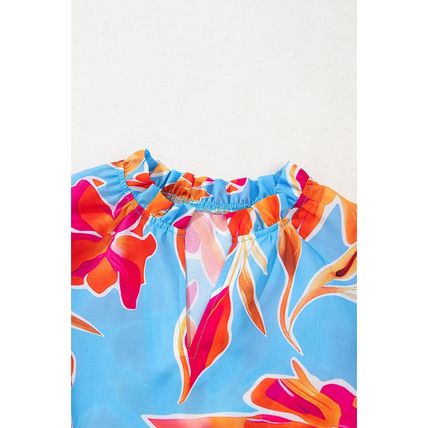 Sky Blue Floral Print V Neck Pompom Trim Flutter Sleeve Blouse