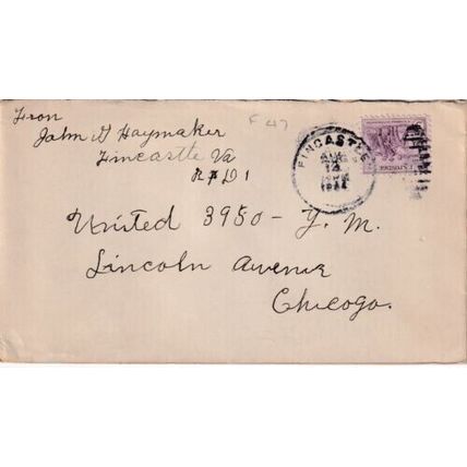 United States 1944 Fincastle VA-Chicago ILL Cover Fincastle cancel written VGC