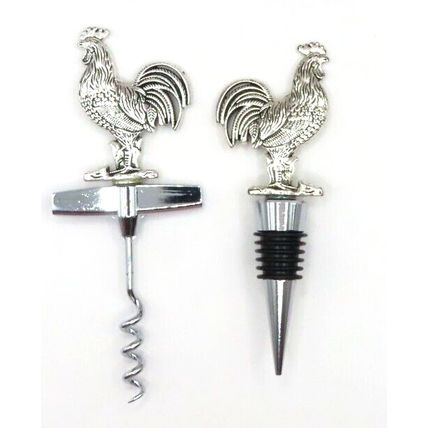 Cockerel Wine Bottle Stopper & Corkscrew Set Metal Silver Colour Gift Home Decor