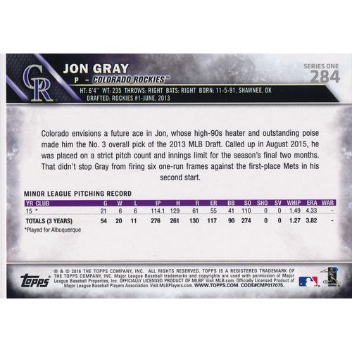 2016 Topps Baseball 284 Jon Gray Rookie Card RC Colorado Rockies