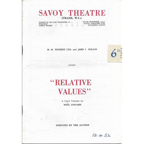 Relative Values by Noel Coward - 1952 Savoy Theatre Programme