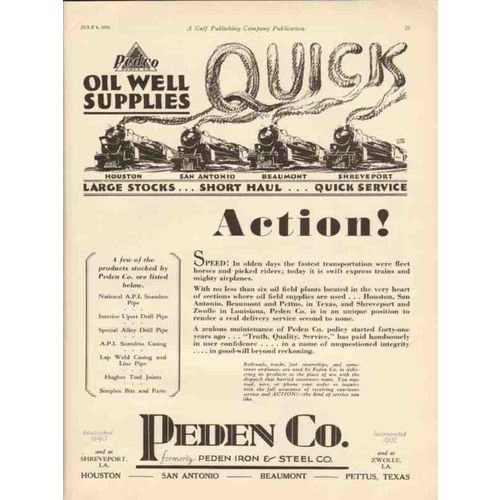 PEDEN COMPANY 1930 oil well supplies quick action oilfield vintage ad