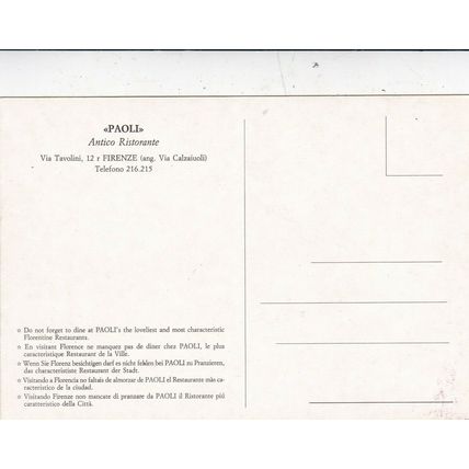 Firenze Paoli Antico Ristorante Italy Postcard unused VGC