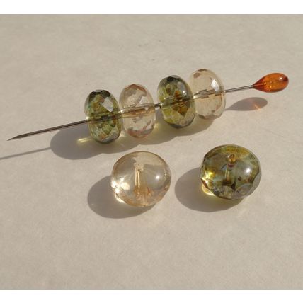 6 Rondelle Glass Beads 13mm x 9mm Faceted Edges Olive Champagne Tinted bd089