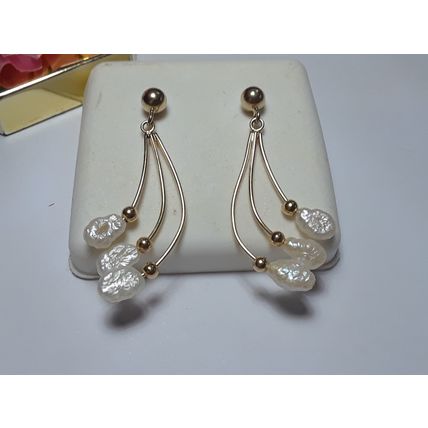 Estate Natural Freshwater Pearl 3 Ball Dangle drop 14Kt Yellow Gold Earring16180