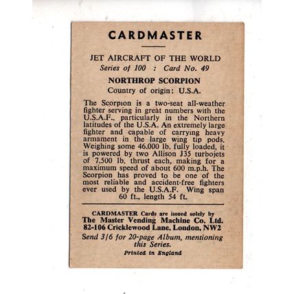 CARDMASTER JET AIRCRAFT OF THE WORLD 1958 NORTHROP SCORPION No.49 USA