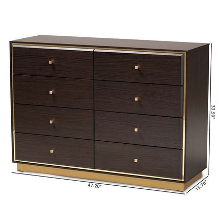Modern Contemporary Dresser Walnut or Espresso Brown Gold Metal Trim 8 Drawers