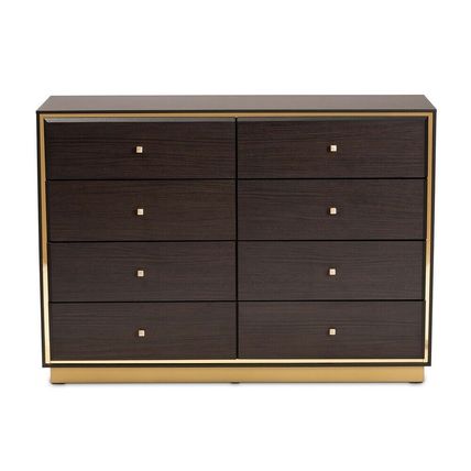 Modern Contemporary Dresser Walnut or Espresso Brown Gold Metal Trim 8 Drawers