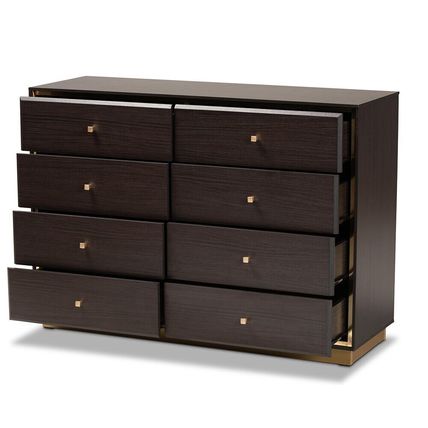 Modern Contemporary Dresser Walnut or Espresso Brown Gold Metal Trim 8 Drawers