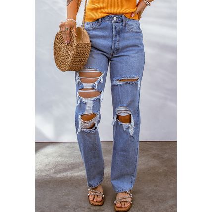 Sky Blue Heavy Destroyed Big Hole Boyfriend Jeans