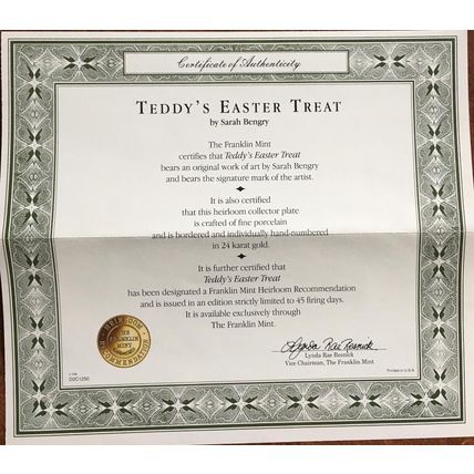 Teddy's Easter Treat Franklin Mint by Sarah Bengry plate #LA7947 with COA