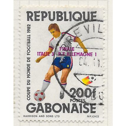 GABON 1982 WORLD CUP FOOTBALL WINNERS OVERPRINT ITALY GERMANY 200f USED