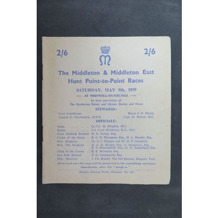 1959 MIDDLETON & MIDDLETON EAST HUNT POINT TO POINT RACECARD @ WHITWELL