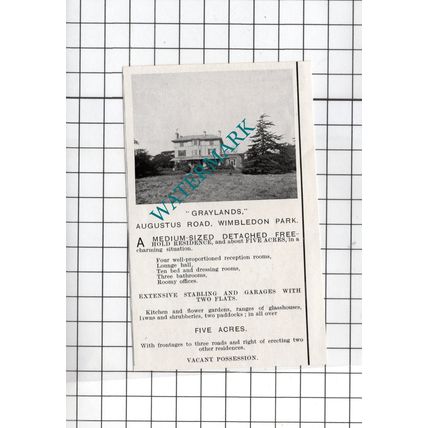 Graylands Augustus Road Wimbledon Park - 1927 Small House Sale Advert