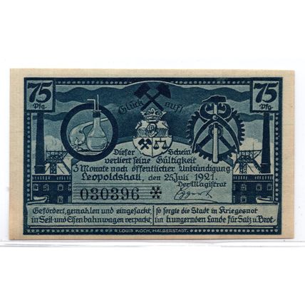 1921 Germany Leopoldshall Notgeld 75 Pfennig Note (1303)