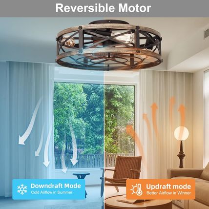 Farmhouse Flush Mount Caged Ceiling Fans with Lights, 6 Speeds, Rustic Low Profi