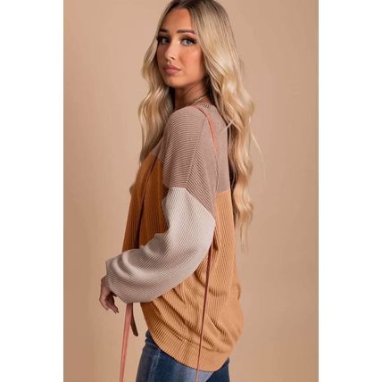 Khaki Color Block Long Sleeve Ribbed Loose Top