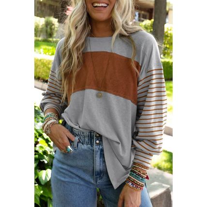 Gray Colorblock Striped Bishop Sleeve Top