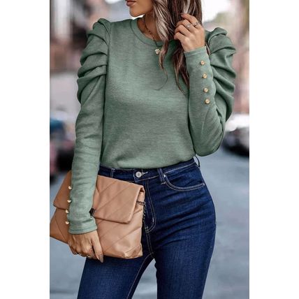 Green Buttoned Puff Long Sleeve Sheath Top