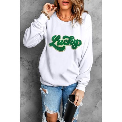 White Shiny Trim Chenille Lucky Pattern Sweatshirt