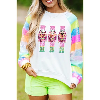 White Sequin Colorblock Sleeve Nutcracker Graphic Sweatshirt