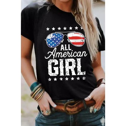 Black Stars and Stripes Glasses Slogan Graphic T Shirt