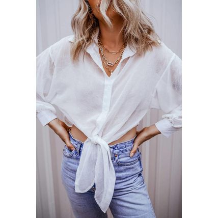 White Solid Knotted Front Loose Fit Sheer Shirt