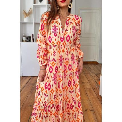 Orange Western Abstract Geometric Printed Maxi Dress