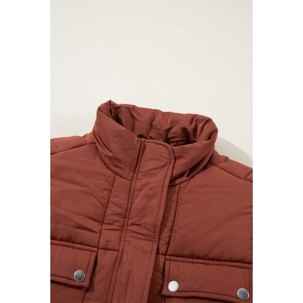 Coffee Quilted Puffer Stand Neck Zipped Mid-length Coat