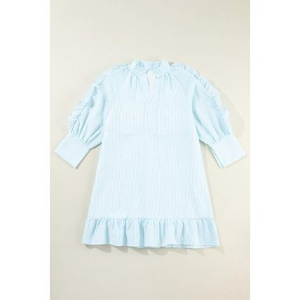 Myosotis Seersucker Ruffled Puff Sleeve Stand Neck Mini Dress