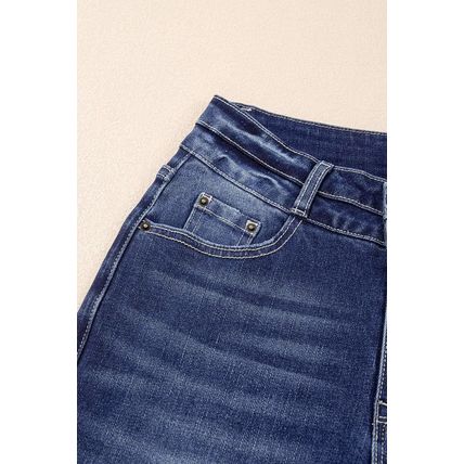 Sail Blue High Rise Dual Button Distressed Raw Hem Flared Jeans