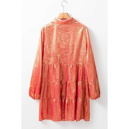 Peach Blossom Metallic Sheen Puff Sleeve Button Up Mini Shirt Dress