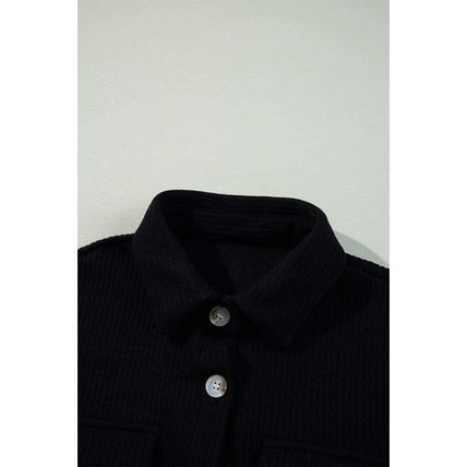 Black Solid Color Corduroy Buttoned Long Sleeve Shacket