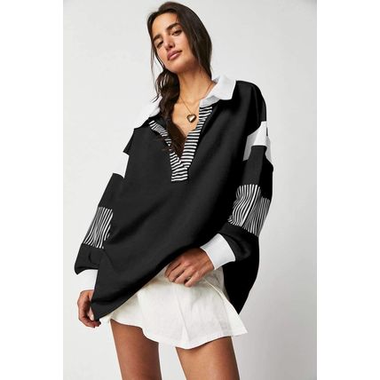 Black Striped Colorblock Patchwork Collar Sweatshirt
