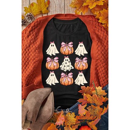 Black Bowknot Ghost Pumpkin Graphic Halloween T Shirt