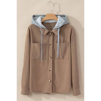Pale Khaki Hooded Drawstring Pockets Corduroy Shacket