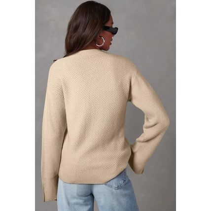 Parchment Solid Textured Knit Split Cuff Drop Shoulder Loose Sweater