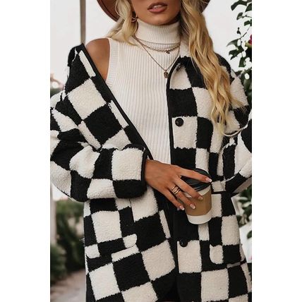 Black Checkered Side Pockets Collared Buttoned Fleece Jacket