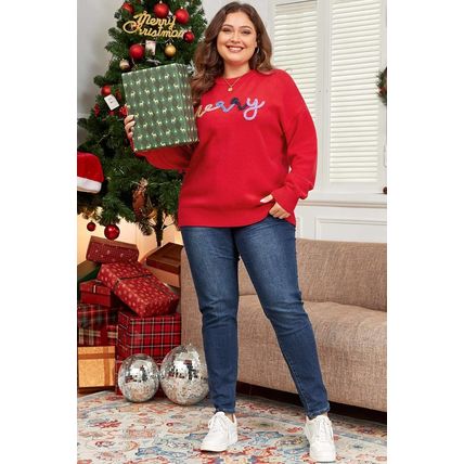 Fiery Red Tinsel merry Pattern Drop Shoulder Plus Size Sweater