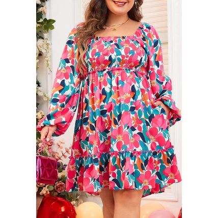 Rose Flower Print Smocked Square Neck Plus Size Dress