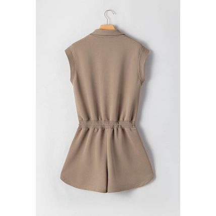 Dark Khaki Textured Short Sleeve Half Zip Drawstring Waist Romper
