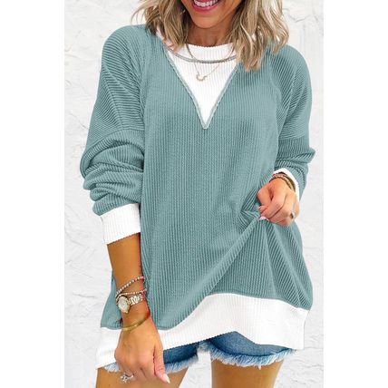 Light Blue Corded Colorblock Drop Shoulder Loose Top